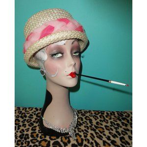 Vintage White Woven Church Hat w/ pink mesh pinup retro rockabilly derby flapper